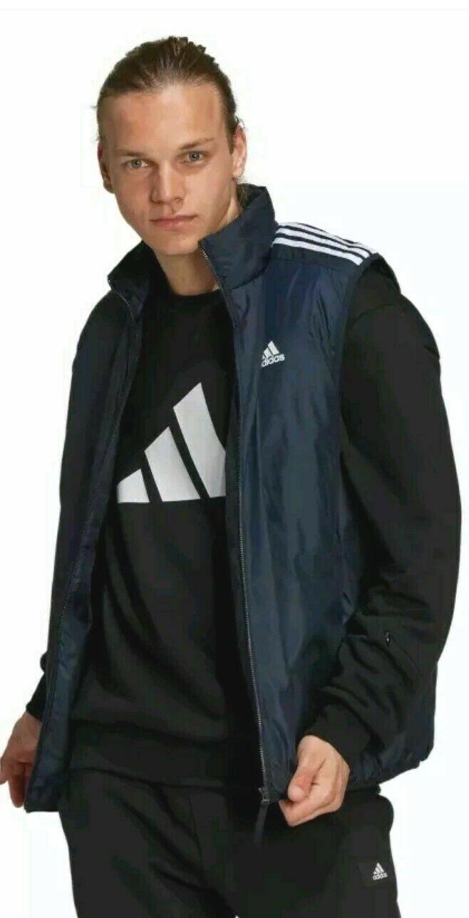 NWT MEN'S ADIDAS GT9150  ESSENTIAL INSULATED SLEEVELESS NAVY/WHITE JACKET VEST
