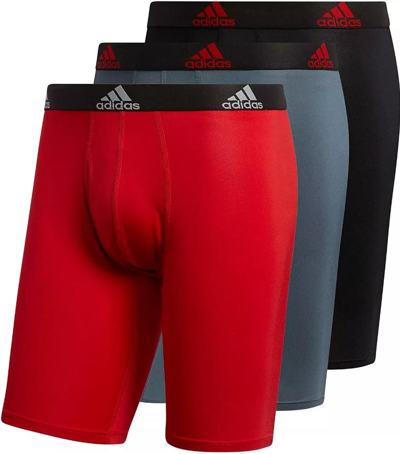 NIB Adidas Men's Performance Long Boxer Brief Underwear (3 Pack), GR/RD/BK. 9"