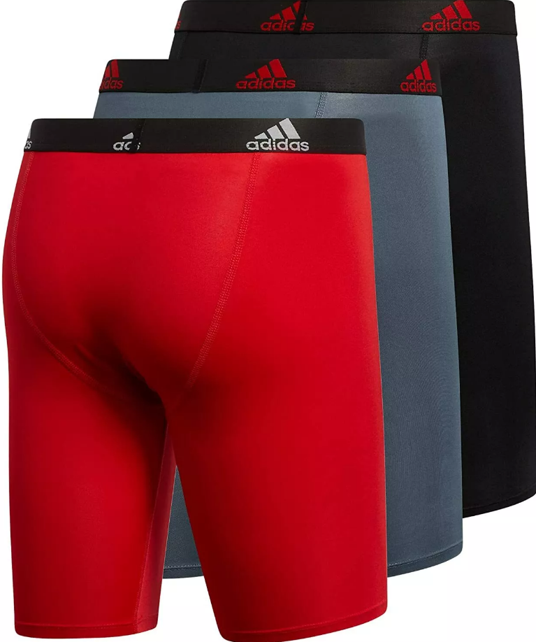 NIB Adidas Men's Performance Long Boxer Brief Underwear (3 Pack), GR/RD/BK. 9"