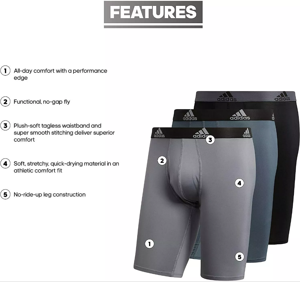 NIB Adidas Men's Performance Long Boxer Brief Underwear (3 Pack), GR/RD/BK. 9"