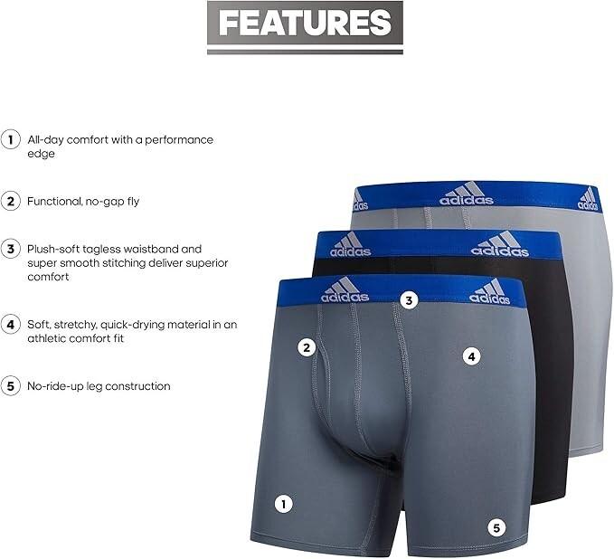 NIB Adidas Men's Performance  Boxer Brief Underwear (3 Pack), BLACK/GREY. 5"