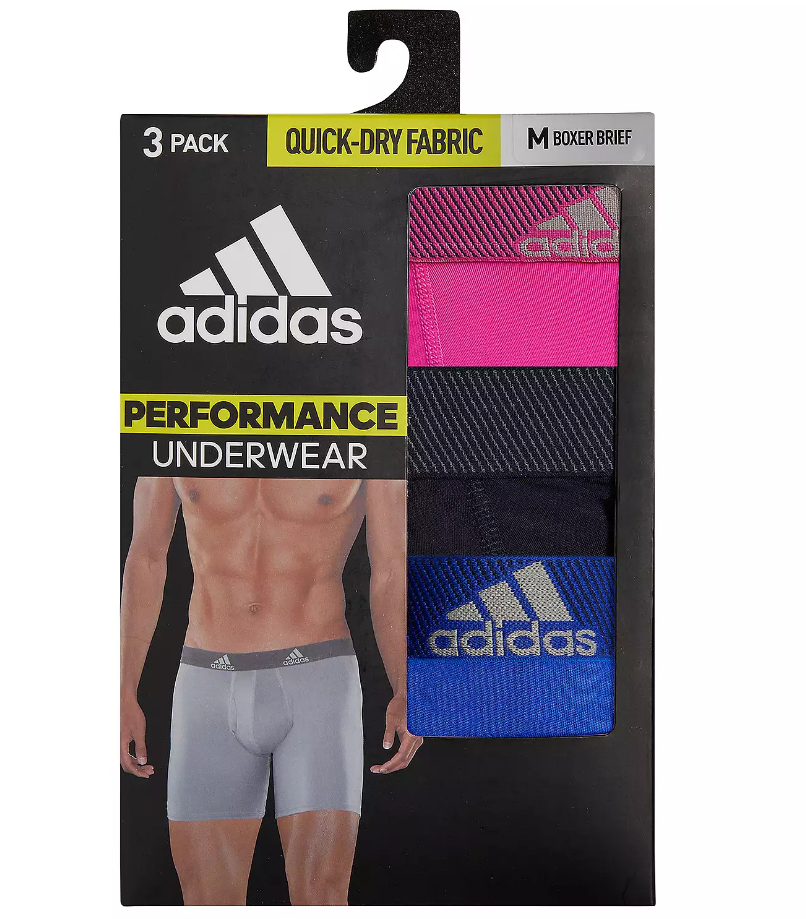 NIB Adidas Men Performance  Boxer Brief Underwear (3 Pack), BLACK/BLUE/PINK. 5"