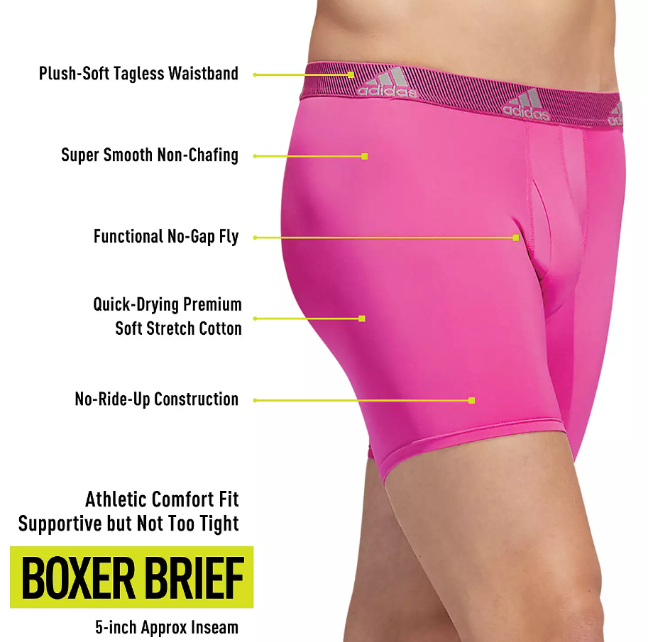 NIB Adidas Men Performance  Boxer Brief Underwear (3 Pack), BLACK/BLUE/PINK. 5"