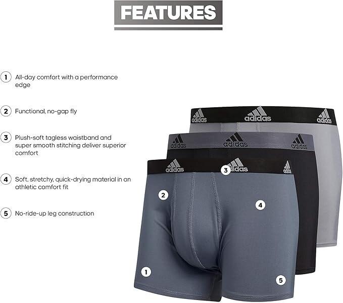 NIB Adidas Men's Performance  Boxer Brief TRUNK Underwear (3 Pack), BLACK/GREY