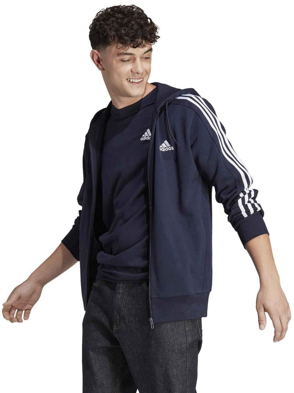 NWT MEN'S ADIDAS GK9033 M 3- STRIPE FLEECE FULL ZIP TRACK NAVY/WHITE HOODIE