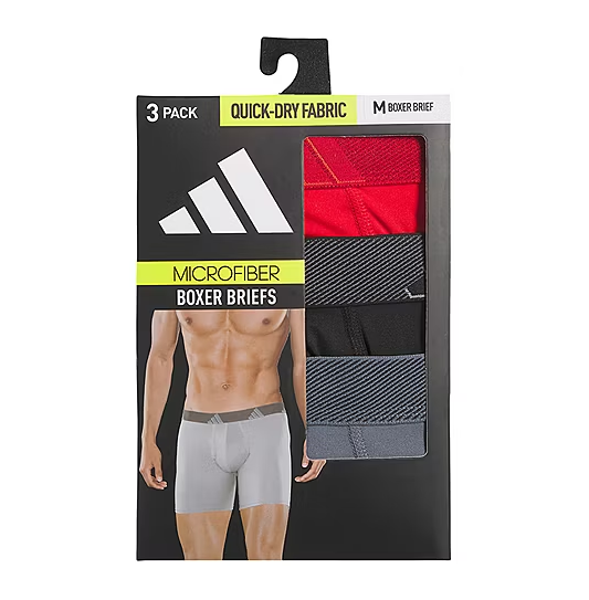 NIB Adidas Men's QUICK DRY MICROFIBER BOXER BRIEFS (3 Pack), RED/BLACK/GREY. 5"