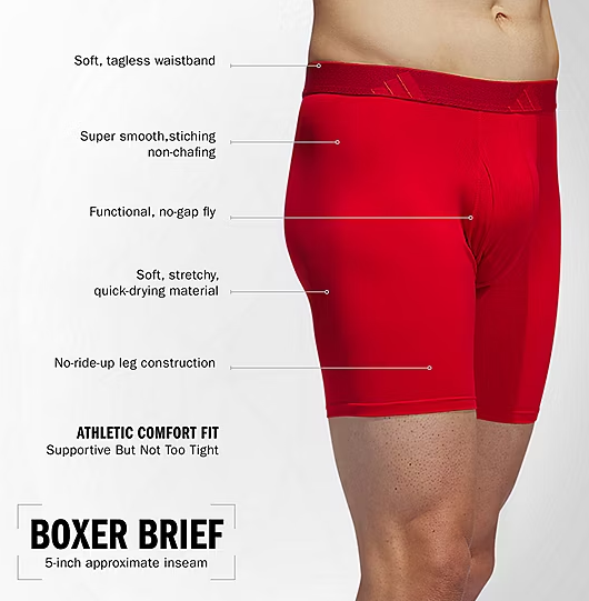 NIB Adidas Men's QUICK DRY MICROFIBER BOXER BRIEFS (3 Pack), RED/BLACK/GREY. 5"