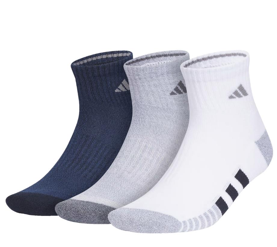 NWT MEN'S ADIDAS IU9325 3 PAIR 3 STRIPE QUARTER CUSHIONED ARCH COMPRESSION SOCKS