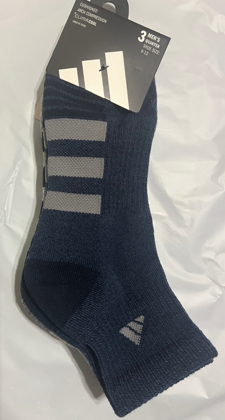 NWT MEN'S ADIDAS IU9325 3 PAIR 3 STRIPE QUARTER CUSHIONED ARCH COMPRESSION SOCKS