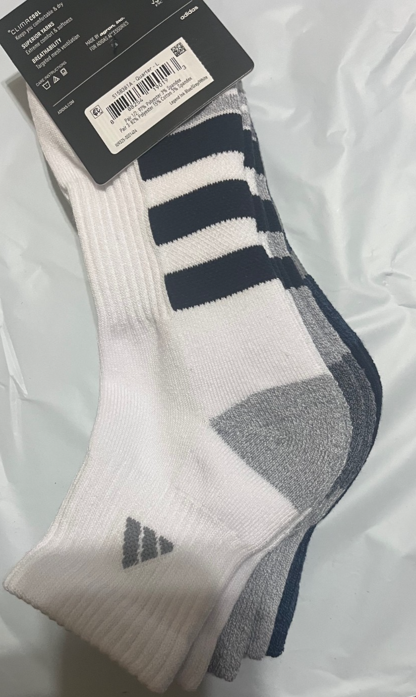 NWT MEN'S ADIDAS IU9325 3 PAIR 3 STRIPE QUARTER CUSHIONED ARCH COMPRESSION SOCKS